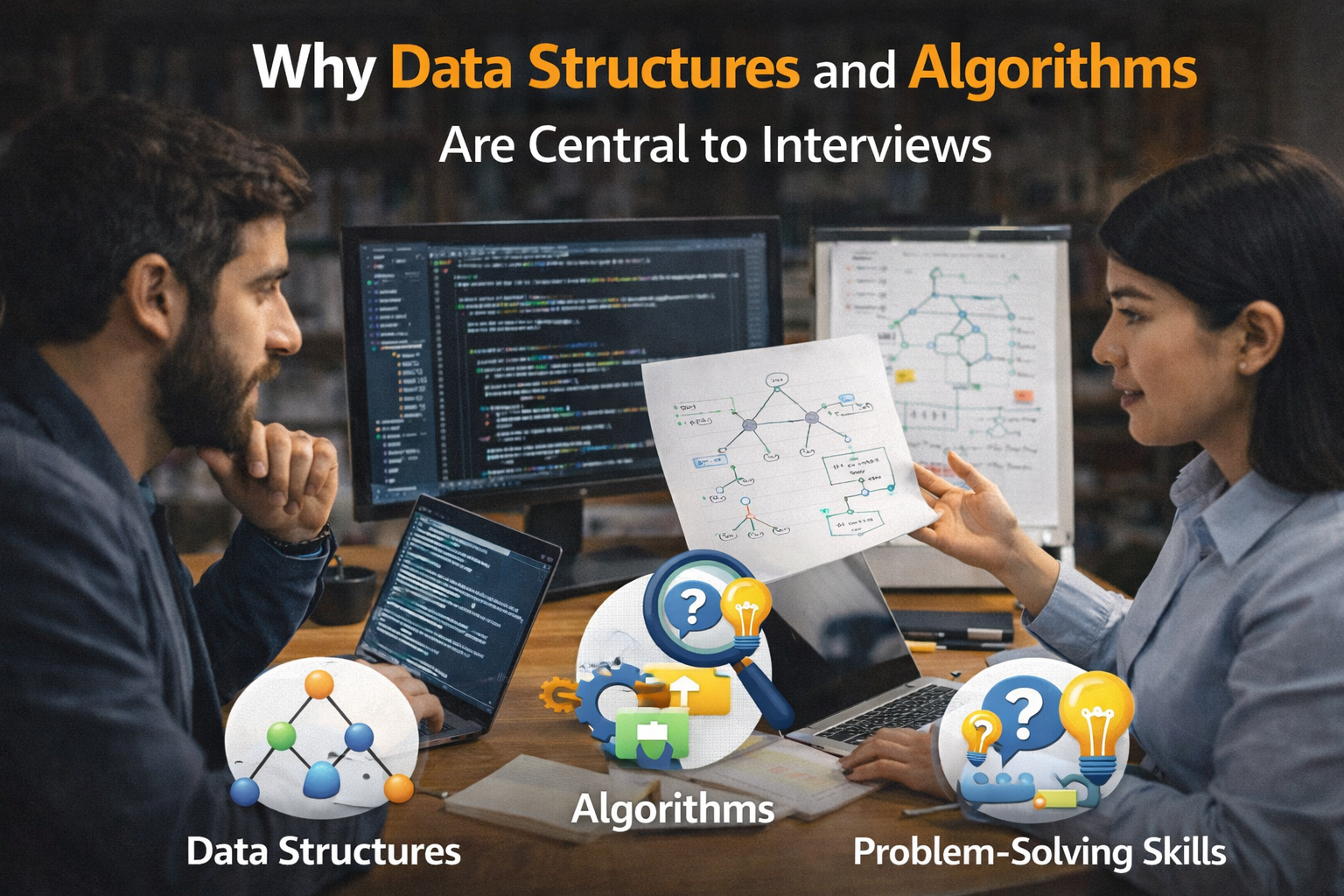 Two developers discussing data structures and algorithms for technical interviews, reviewing a hand-drawn diagram while code and algorithm visuals appear on multiple screens.