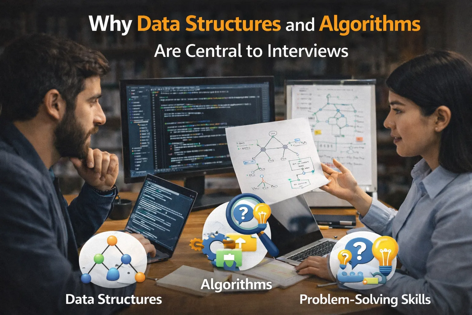 Two developers discussing data structures and algorithms for technical interviews, reviewing a hand-drawn diagram while code and algorithm visuals appear on multiple screens.