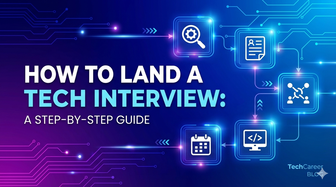 Graphic titled “How to Land a Tech Interview: A Step-by-Step Guide” showing a futuristic blue digital background with connected icons representing resume review, skills assessment, coding, collaboration, scheduling, and interviews.