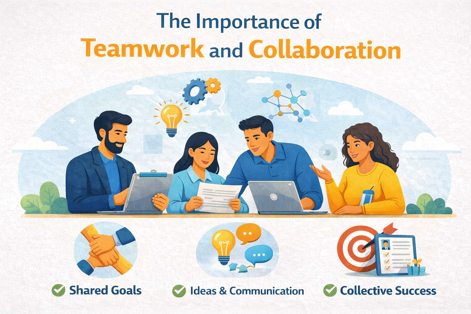 Illustration of a diverse team collaborating at a table with laptops and documents, representing teamwork, shared goals, open communication, and collective success.