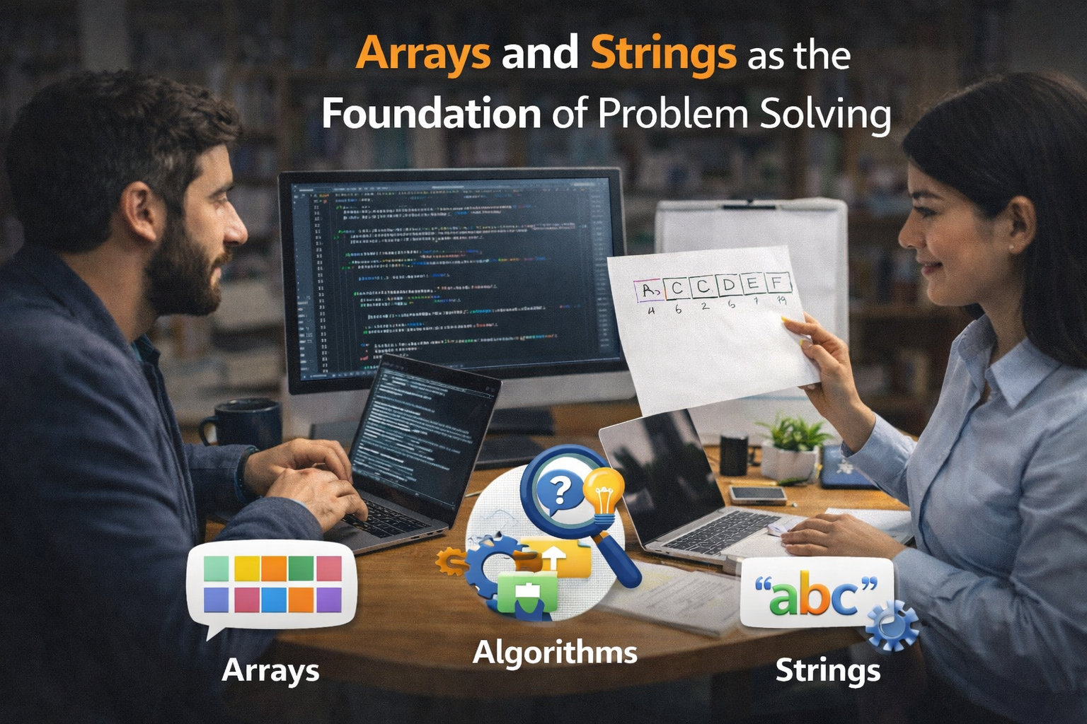 Two developers discussing arrays and strings while preparing for coding interviews, reviewing code on laptops and a paper showing indexed characters and values.
