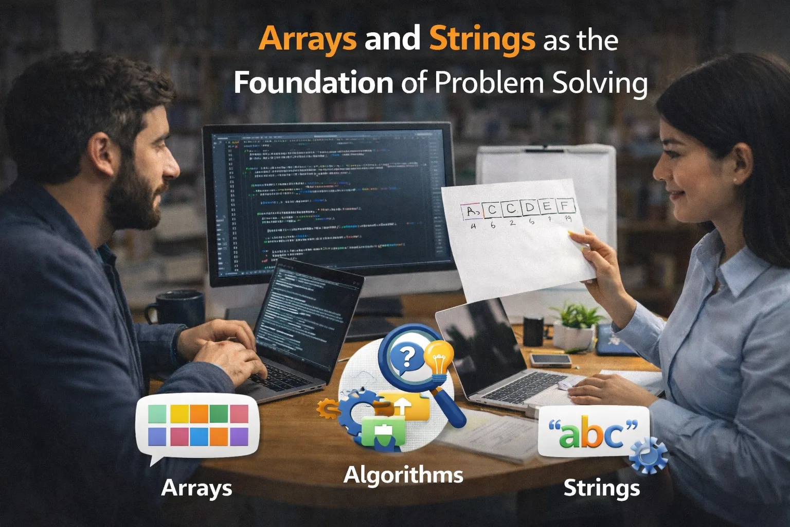 Two developers discussing arrays and strings while preparing for coding interviews, reviewing code on laptops and a paper showing indexed characters and values.