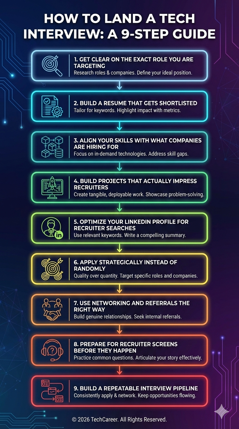 Infographic titled “How to Land a Tech Interview: A 9-Step Guide” showing a vertical, color-coded flow of nine steps, from defining a target role and building a resume to networking, recruiter preparation, and creating a repeatable interview pipeline.