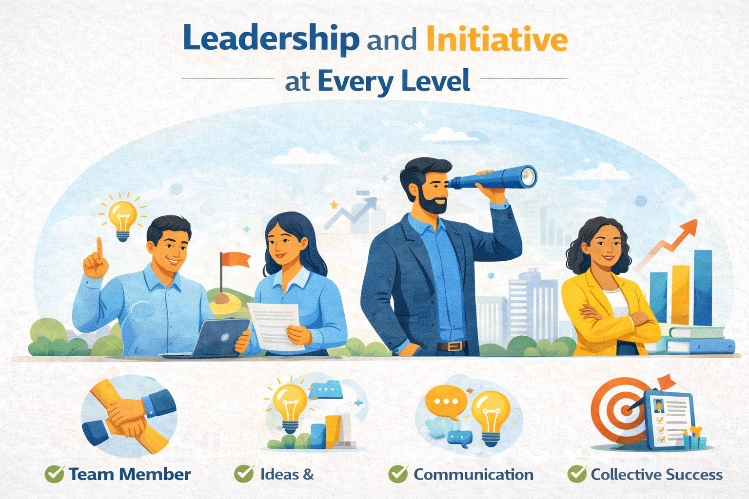Illustration of professionals demonstrating leadership and initiative at different levels, including idea generation, planning, vision-setting, communication, and achieving collective success.