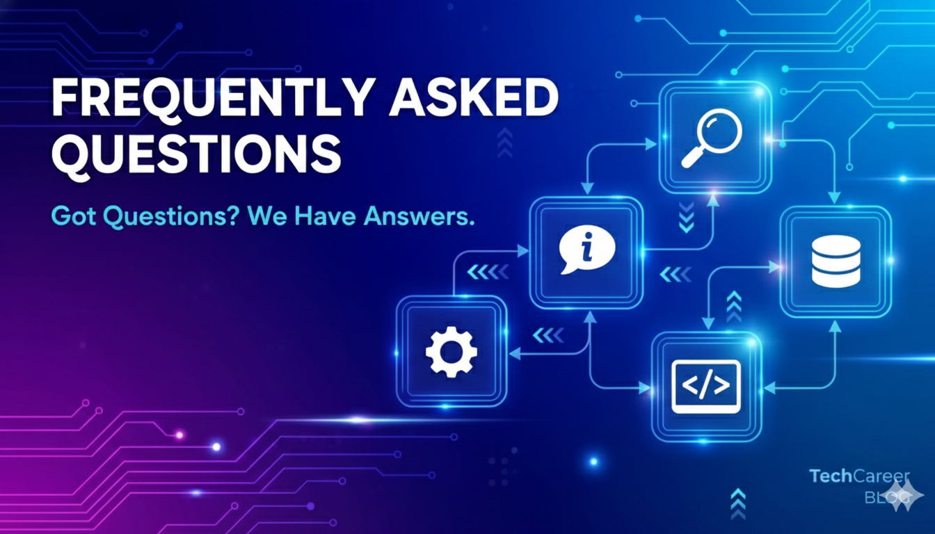 Frequently Asked Questions graphic with a blue digital background and connected tech icons representing search, information, coding, settings, and data systems.