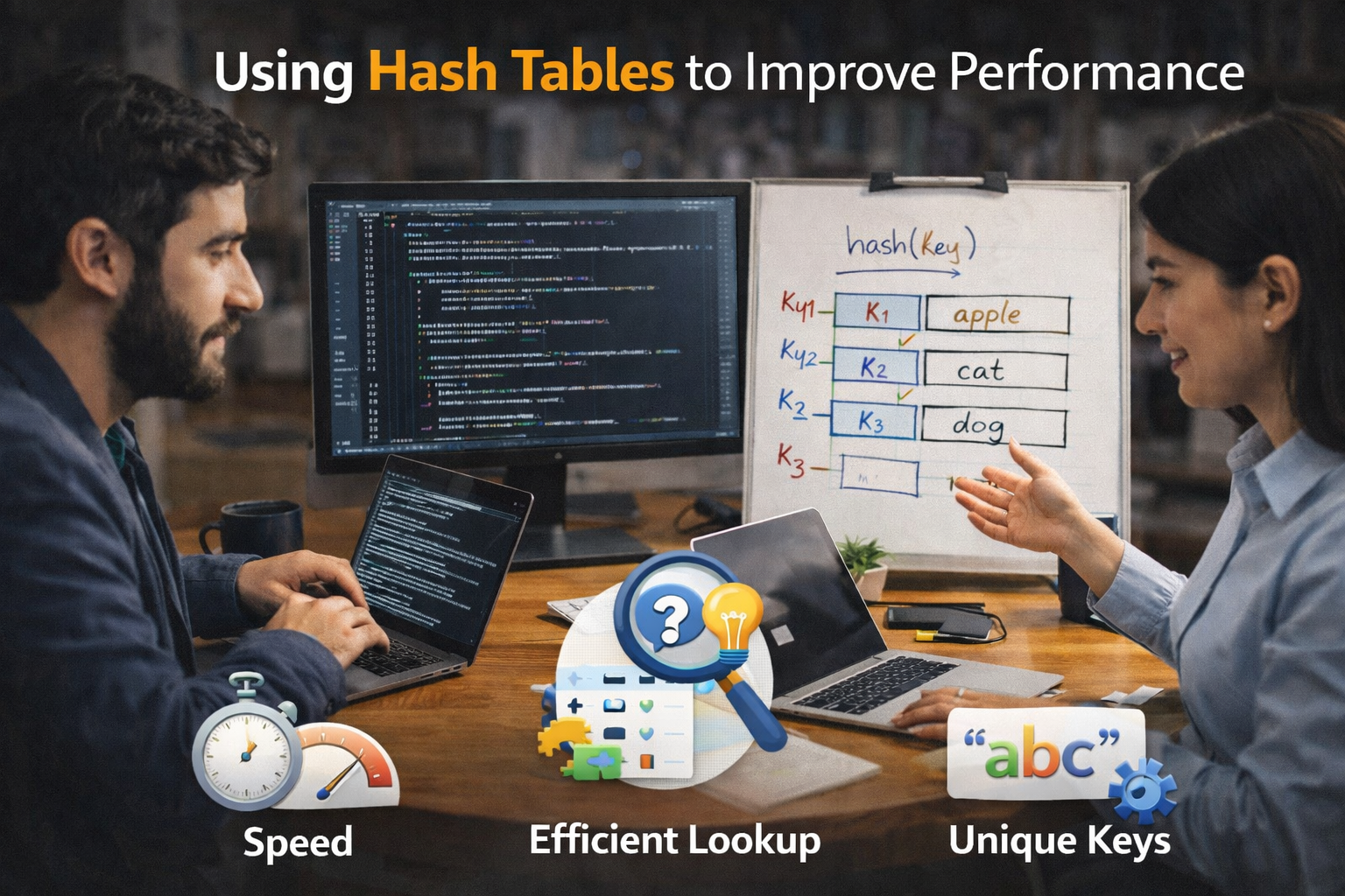 Two software developers discussing code at a desk, with a whiteboard illustrating a hash table mapping keys to values and text highlighting speed, efficient lookup, and unique keys.