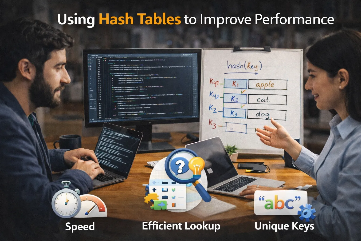 Two software developers discussing code at a desk, with a whiteboard illustrating a hash table mapping keys to values and text highlighting speed, efficient lookup, and unique keys.