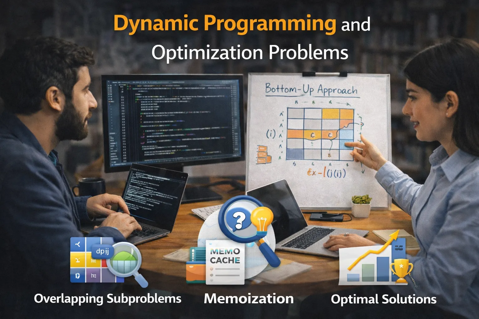 Two software developers discussing dynamic programming concepts, with a whiteboard showing a bottom-up grid diagram and laptops displaying code, highlighting memoization and optimal solutions.
