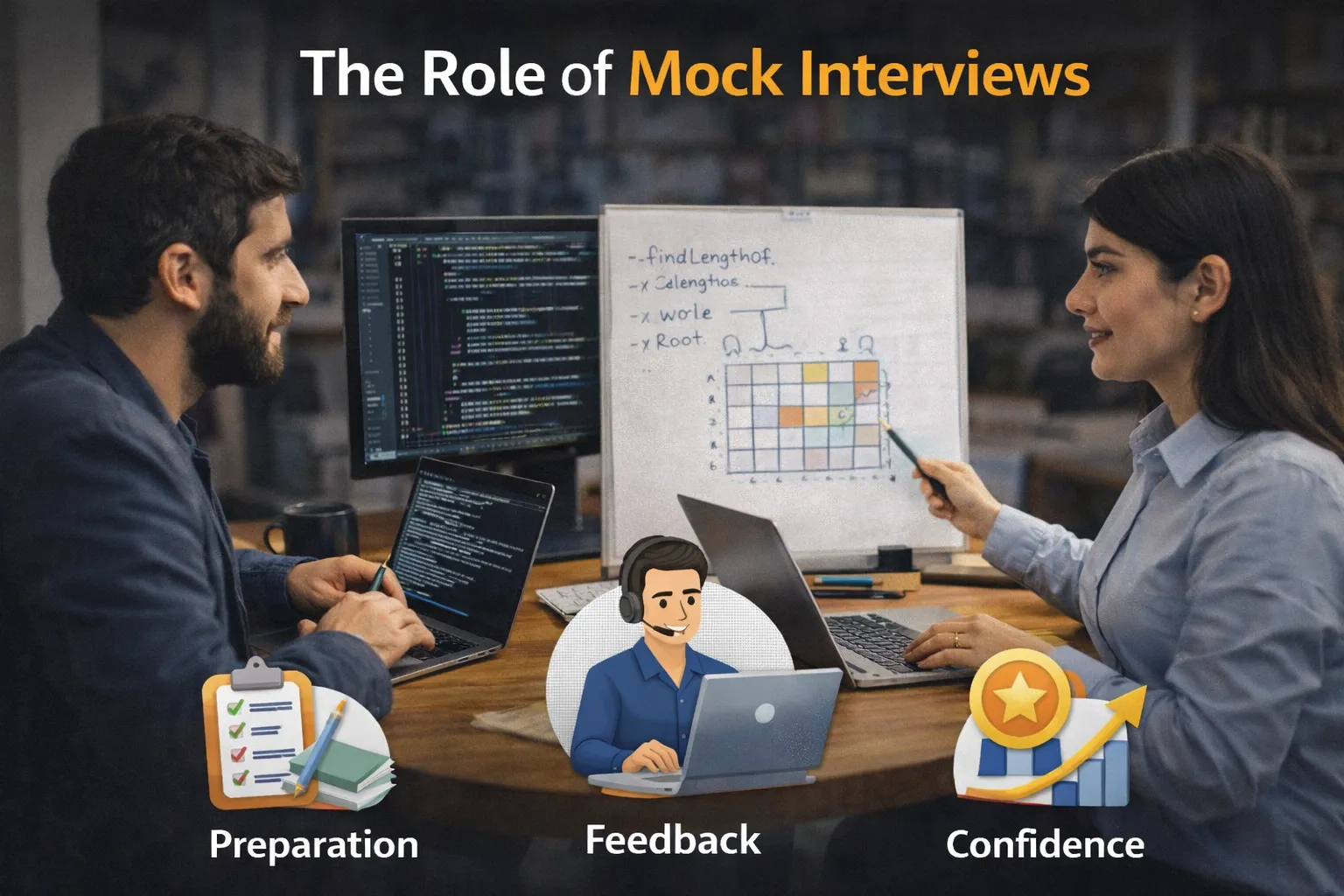 Two software professionals conducting a mock technical interview, reviewing code on laptops while discussing a problem diagram on a whiteboard, emphasizing preparation, feedback, and confidence.