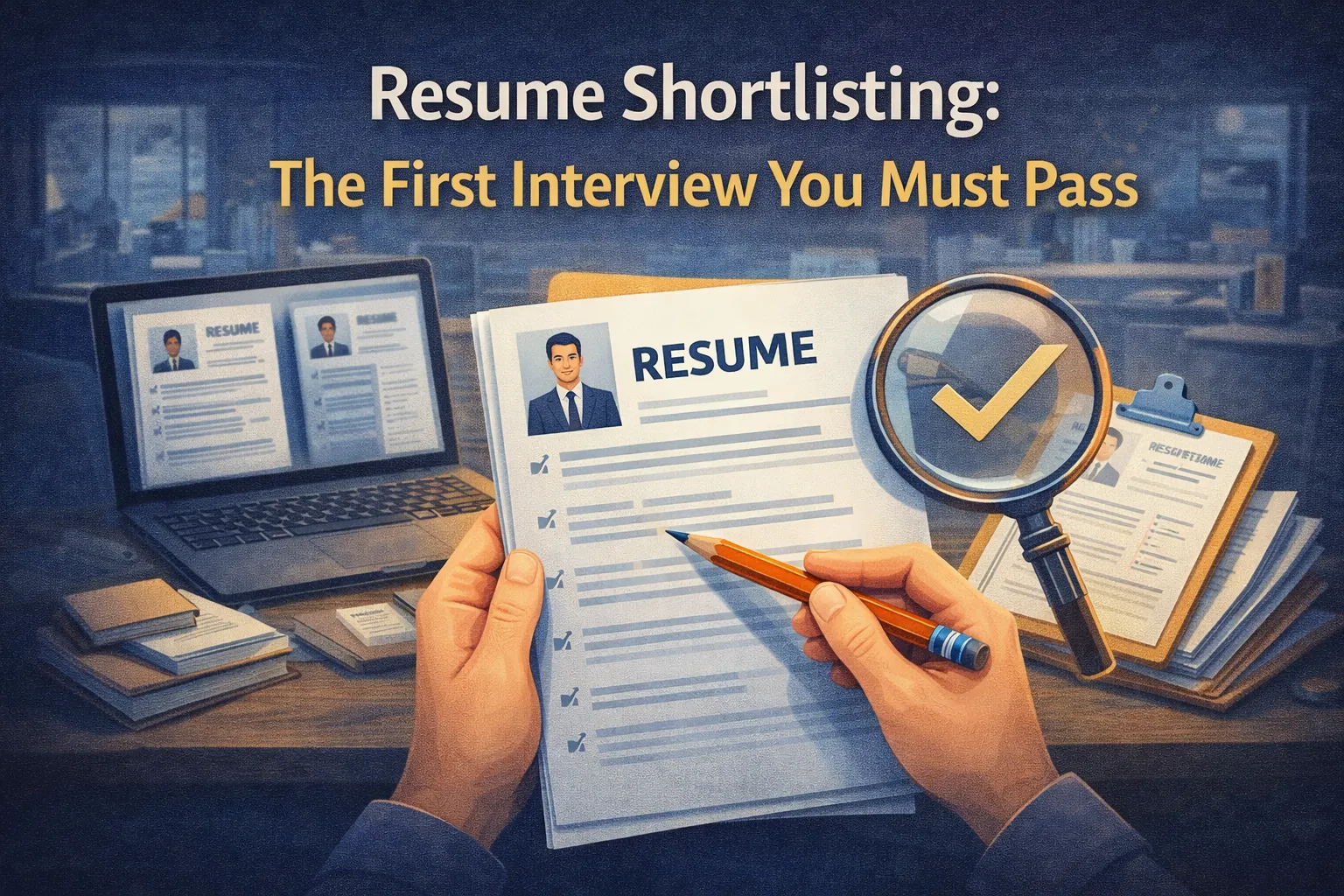 Hands reviewing a resume with a pencil, magnifying glass, and checklist on a desk, illustrating the resume shortlisting process.