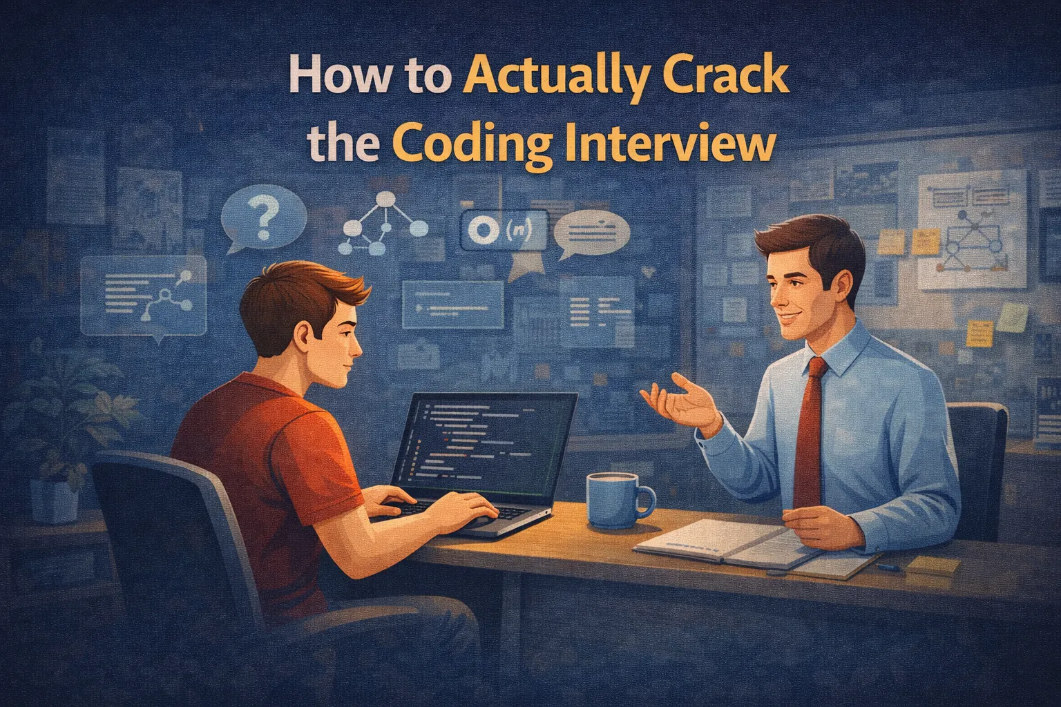 A coding interview scene where a candidate works on a laptop while an interviewer discusses problem-solving concepts and algorithms.
