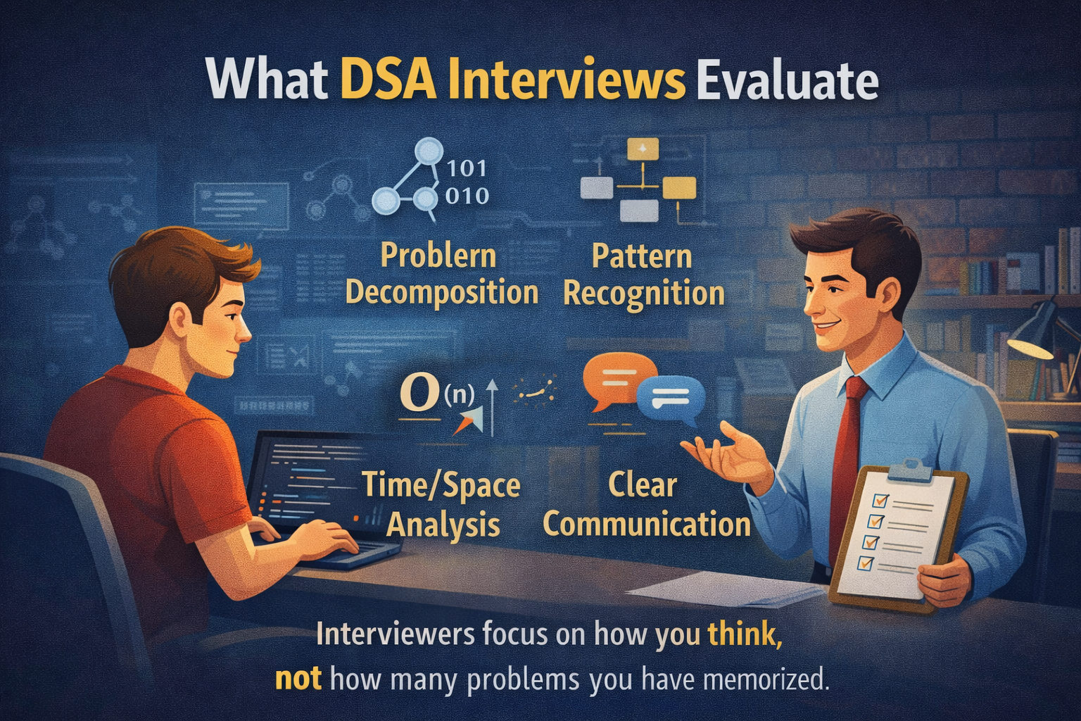 Illustration of a coding interview where an interviewer and candidate discuss data structures and algorithms, highlighting skills evaluated in DSA interviews such as problem decomposition, pattern recognition, time and space analysis, and clear communication.