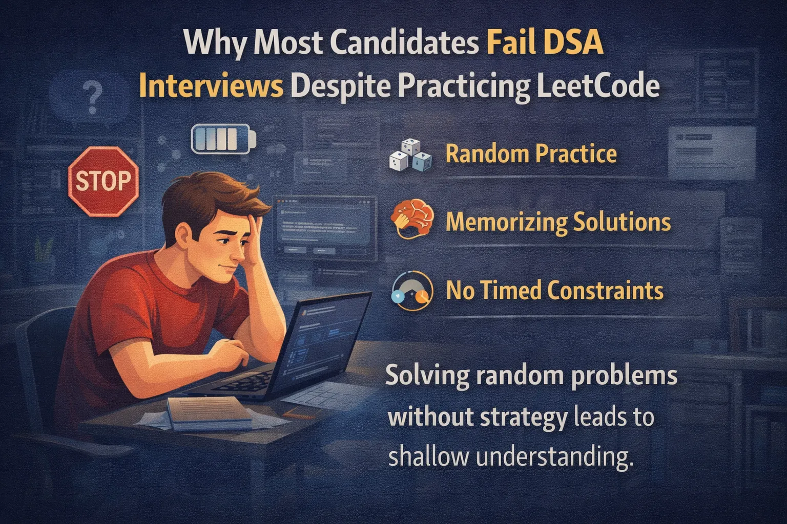 Illustration of a frustrated coding interview candidate practicing LeetCode on a laptop, highlighting common reasons candidates fail DSA interviews such as random practice, memorizing solutions, and lack of timed constraints.