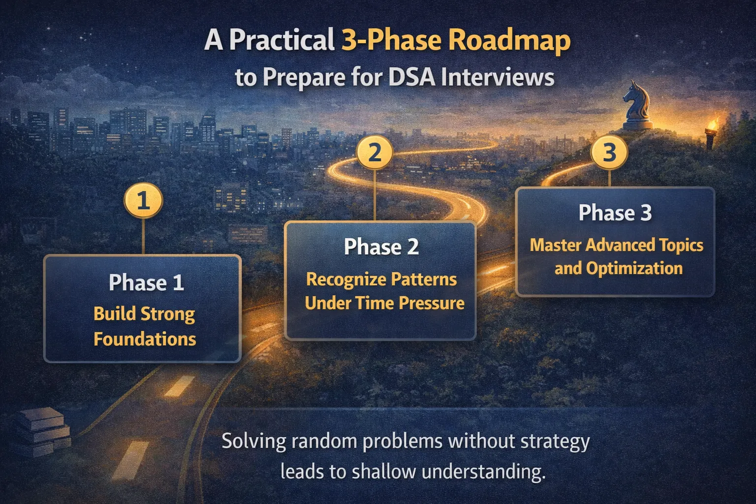 Illustrated roadmap showing a three-phase approach to preparing for DSA interviews, progressing from building strong foundations to recognizing patterns under time pressure and mastering advanced topics and optimization.