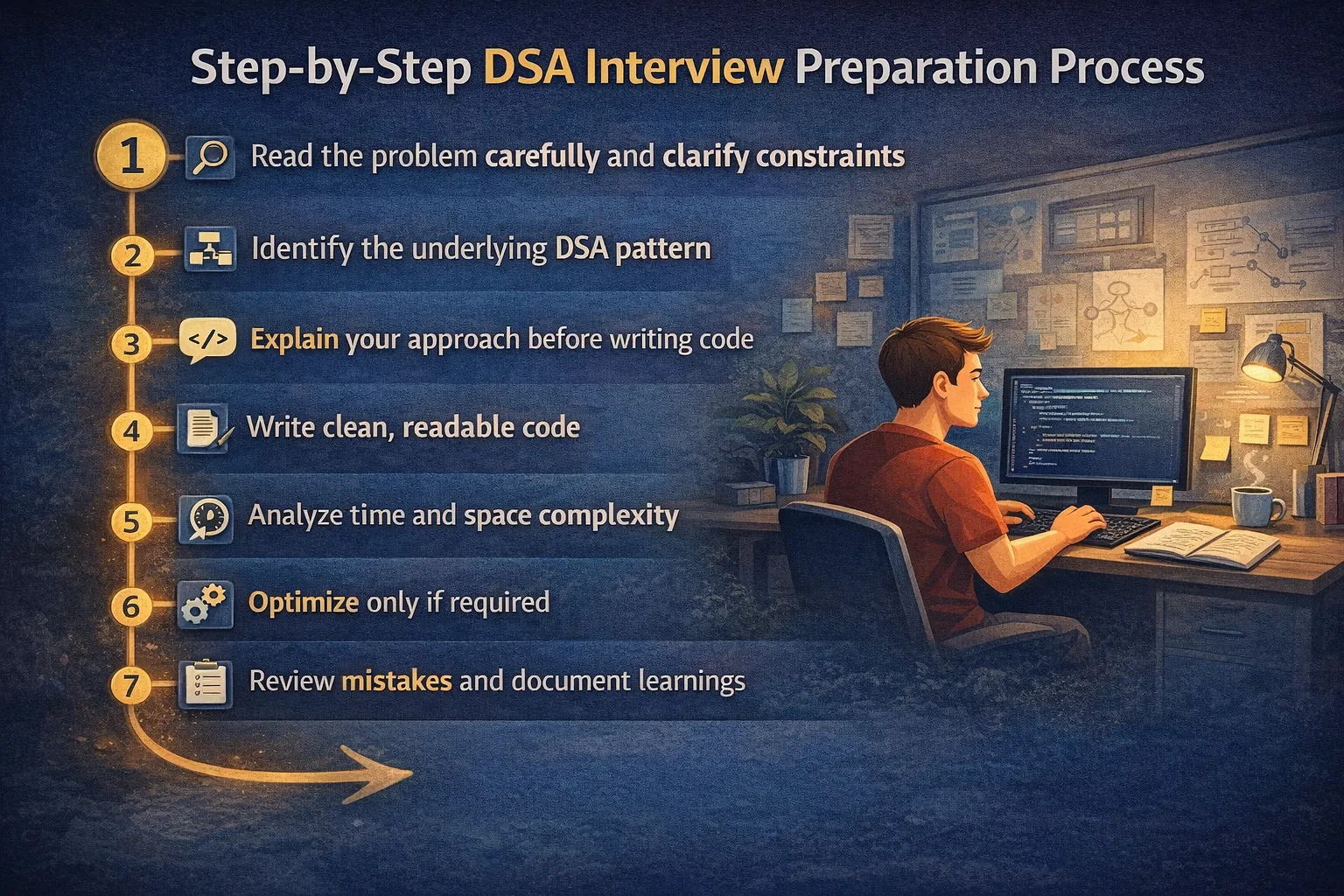 Illustration of a step-by-step DSA interview preparation process, showing a developer coding at a desk alongside a seven-step checklist covering problem understanding, pattern identification, explanation, coding, complexity analysis, optimization, and review.