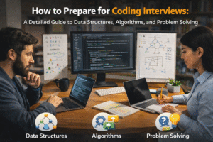Two developers sitting at a desk preparing for coding interviews, working on laptops with screens showing code, data structures diagrams, and algorithm notes.