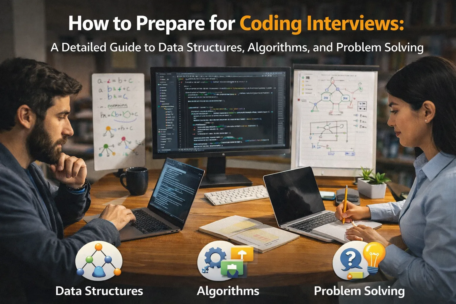 Two developers sitting at a desk preparing for coding interviews, working on laptops with screens showing code, data structures diagrams, and algorithm notes.