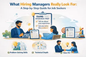 Illustrated scene of a hiring manager interviewing a job seeker with checklists labeled FAANG interview prep, highlighting experience, problem-solving, technical depth, and role fit.