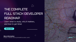 “Promotional banner titled ‘The Complete Full Stack Developer Roadmap’ with a dark purple tech-themed background, a world map image on the right, and a ‘Read Now’ button.”