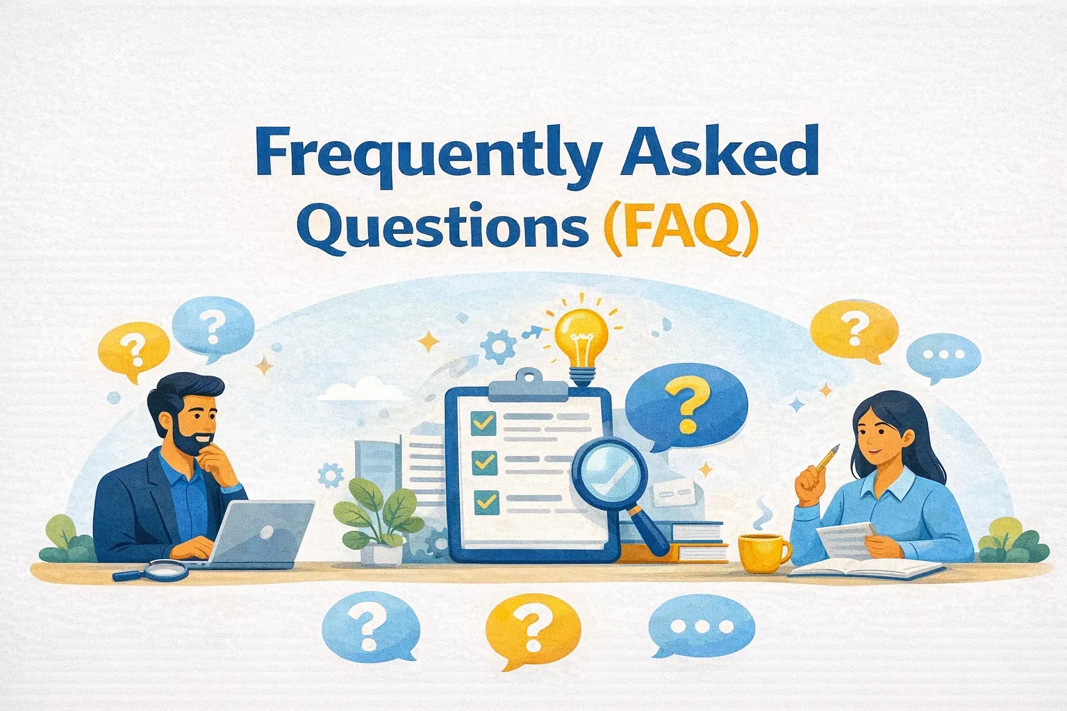 Illustration of professionals reviewing a checklist and documents surrounded by question marks, representing a frequently asked questions (FAQ) section and information discovery.