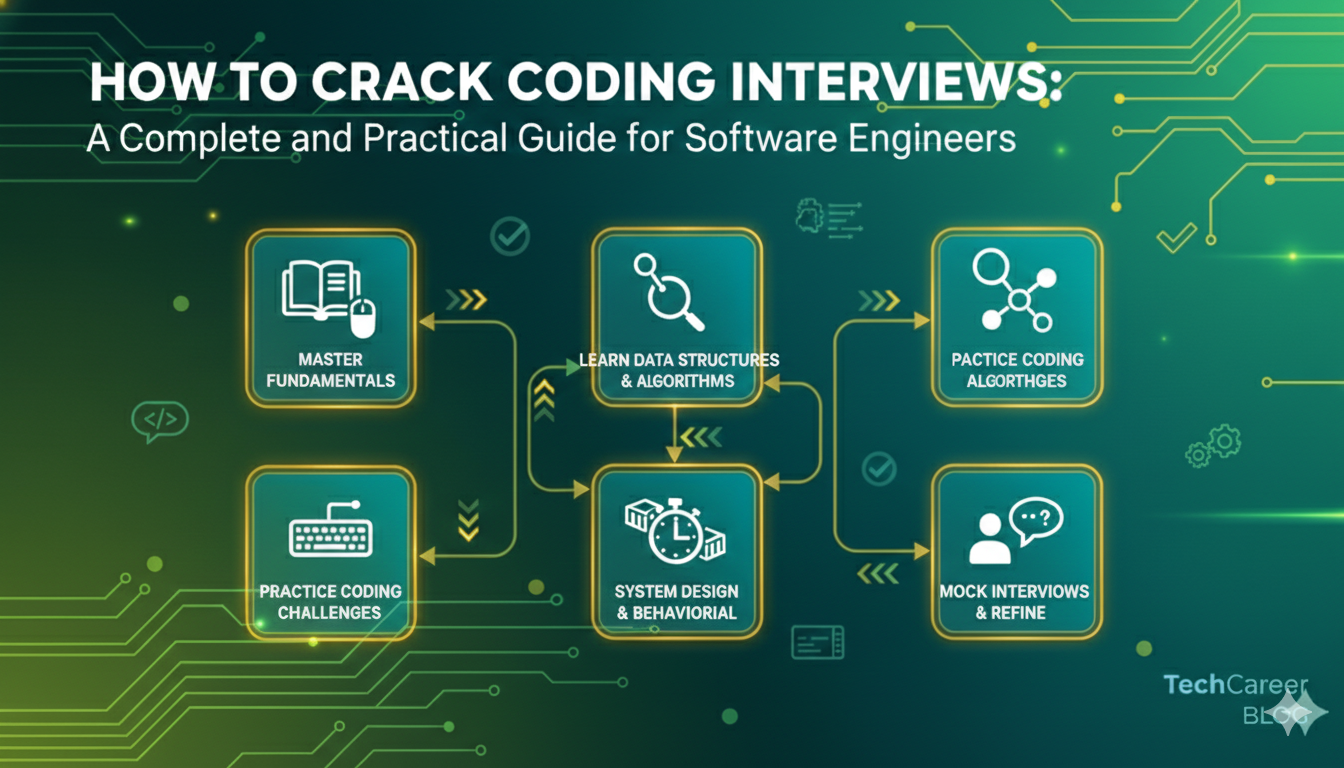 Infographic titled “How to Crack Coding Interviews” showing a roadmap: master fundamentals → learn data structures and algorithms → practice algorithms and coding challenges → system design and behavioral → mock interviews and refine.