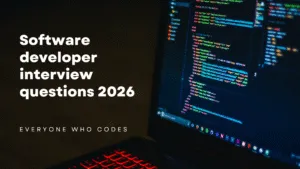 Banner reading “Software developer interview questions 2026” beside a laptop screen displaying code.
