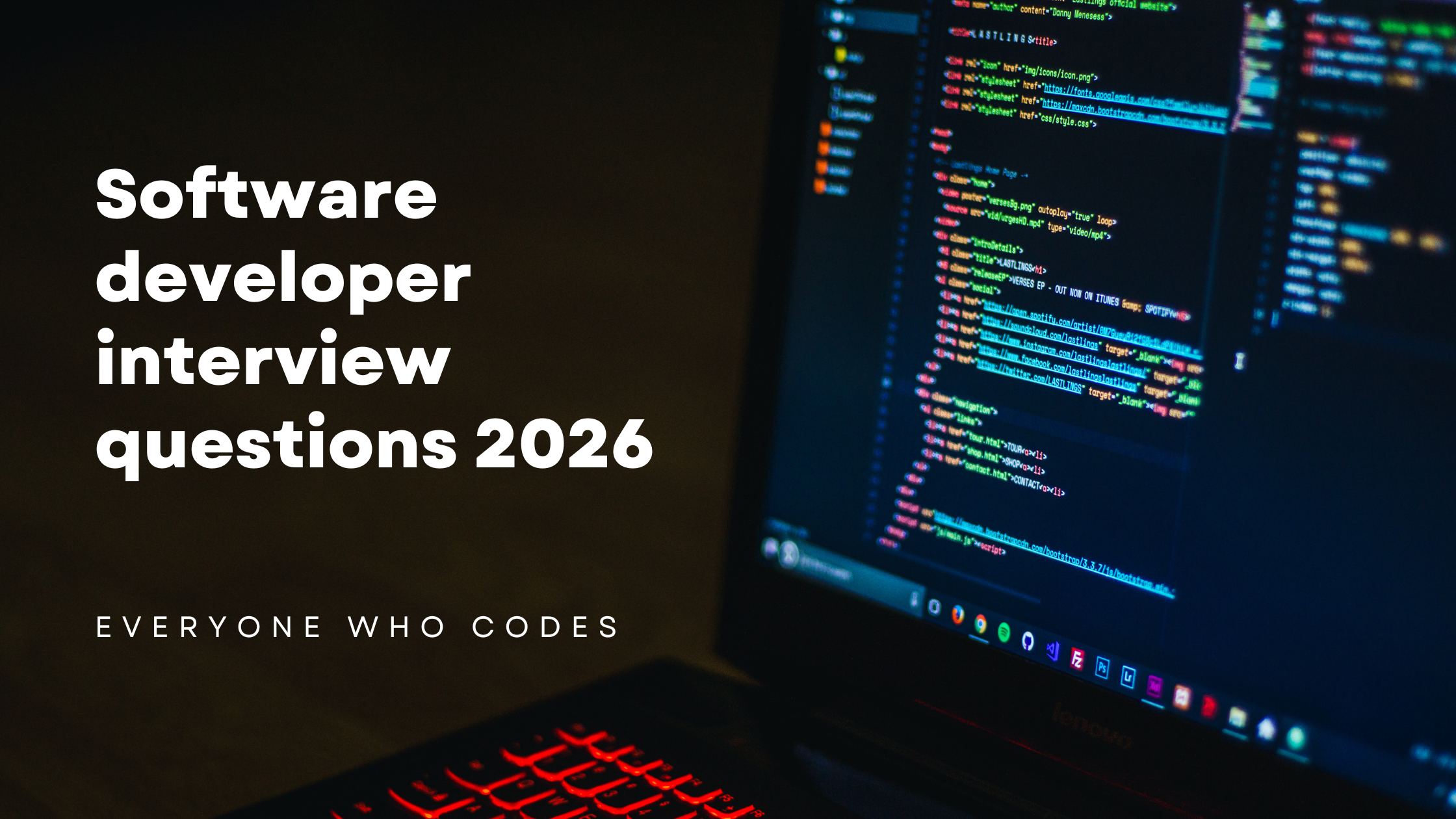 Banner reading “Software developer interview questions 2026” beside a laptop screen displaying code.