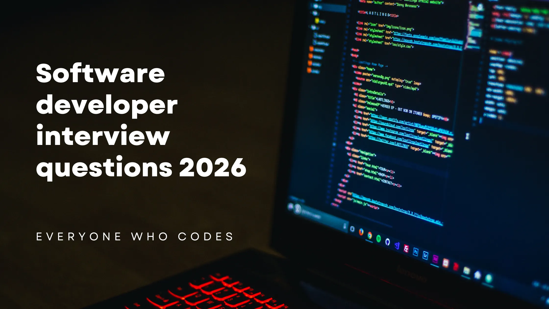 Banner reading “Software developer interview questions 2026” beside a laptop screen displaying code.
