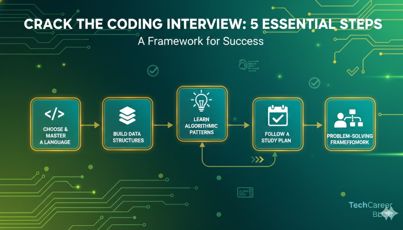 Infographic titled “Crack the Coding Interview: 5 Essential Steps” showing a sequence: choose and master a language → build data structures → learn algorithmic patterns → follow a study plan → use a problem-solving framework.
