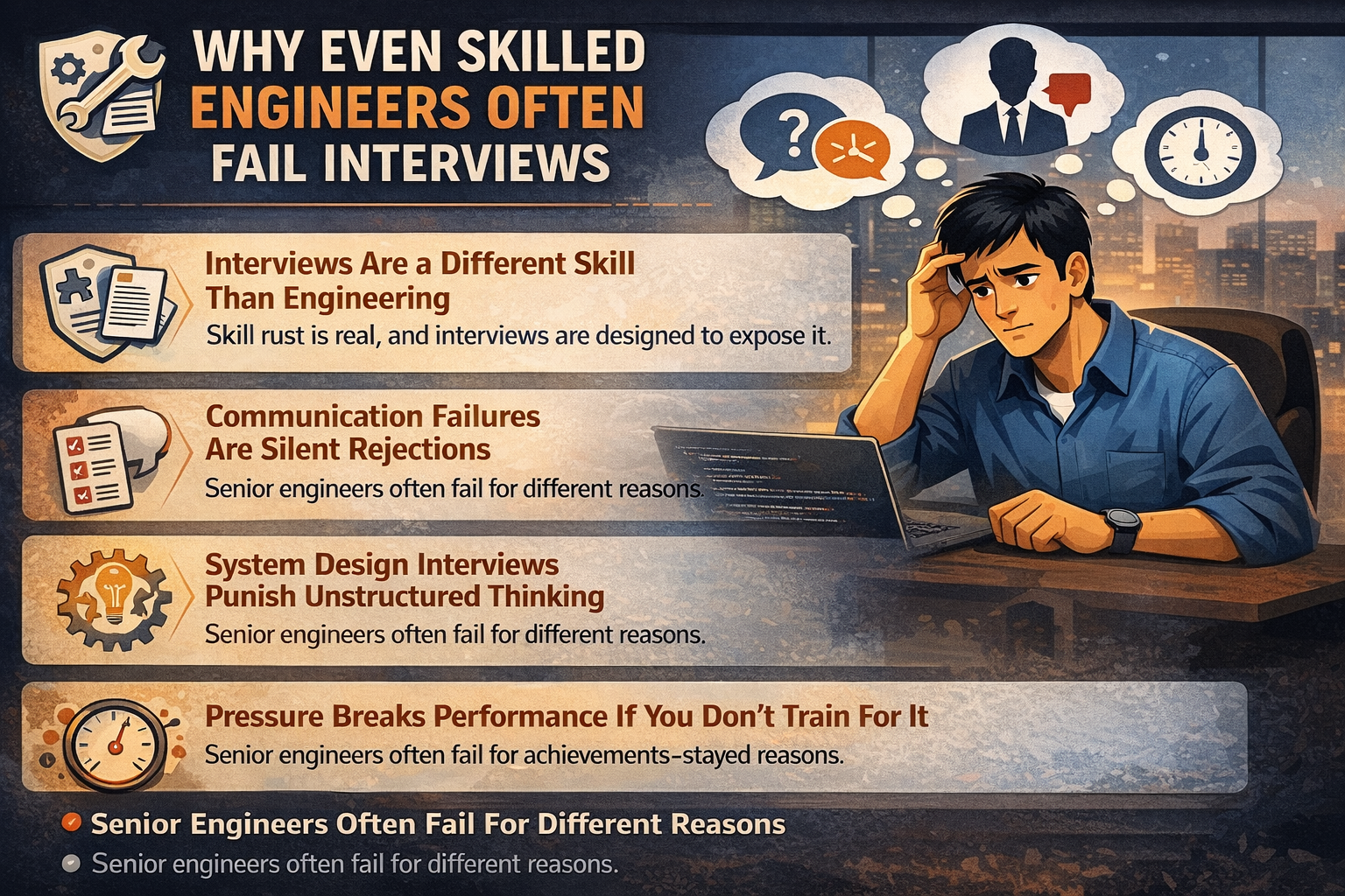 Infographic explaining why even skilled engineers fail interviews, highlighting communication issues, unstructured thinking, and pressure.