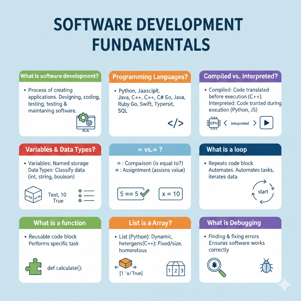 Infographic titled “Software Development Fundamentals” summarizing basics like languages, data types, loops, functions, arrays, and debugging.