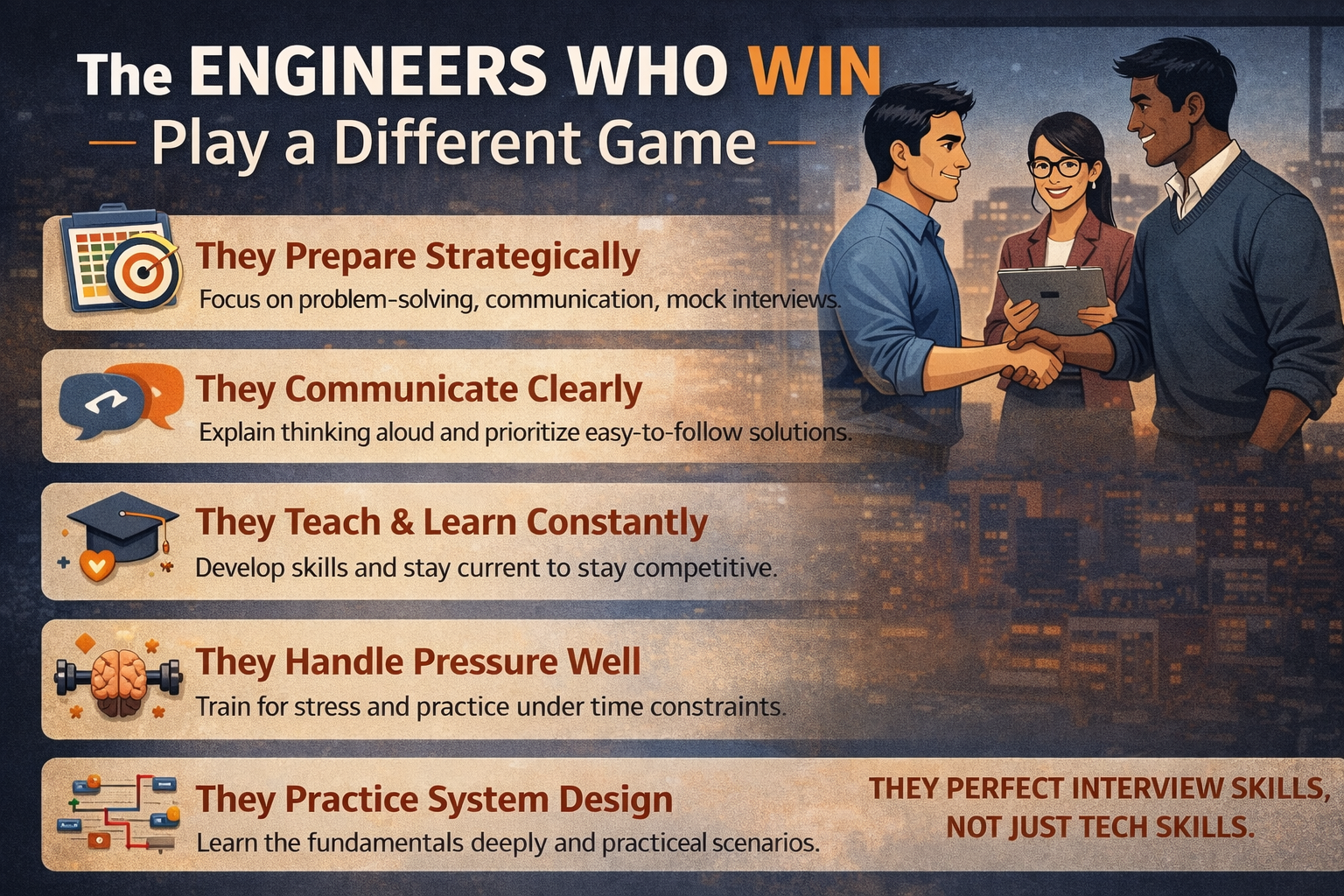 Infographic showing habits of engineers who succeed in interviews, such as strategic preparation, clear communication, continuous learning, handling pressure, and system design practice.