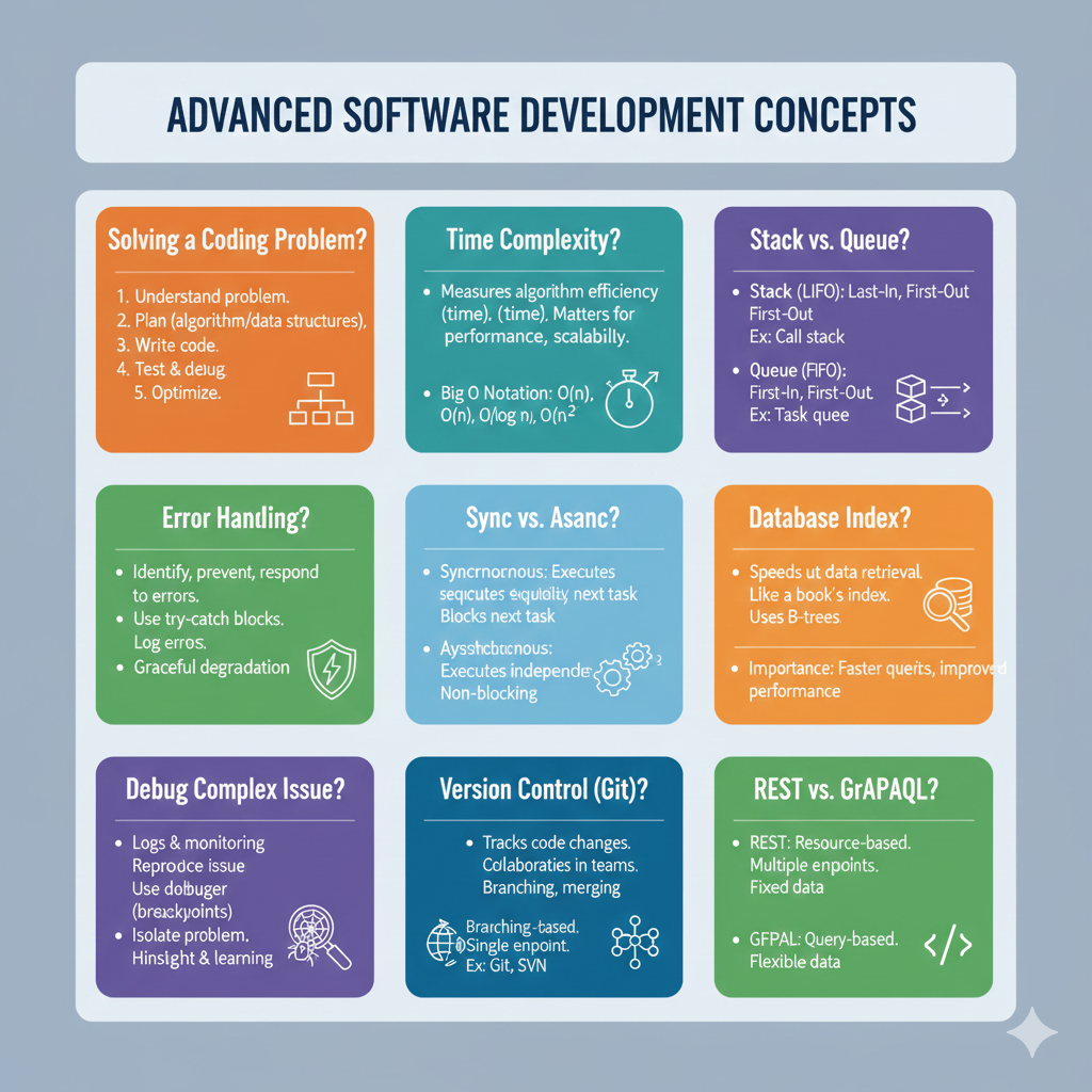 Infographic titled “Advanced Software Development Concepts” summarizing topics such as problem solving steps, time complexity, stacks vs. queues, error handling, sync vs. async, database indexes, debugging, version control, and REST vs. GraphQL.