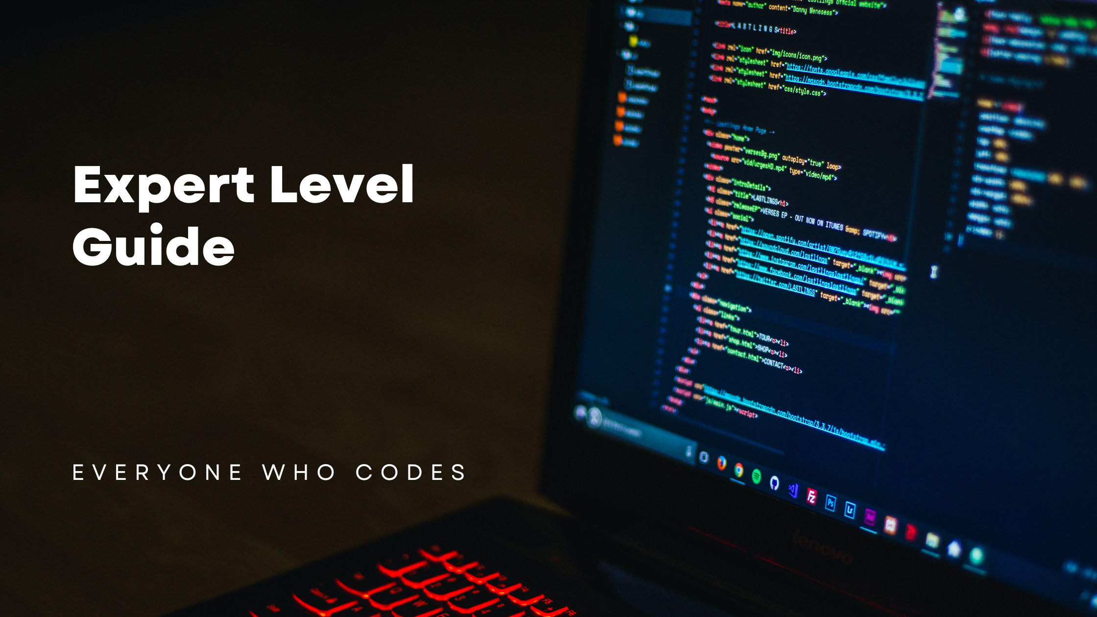 Laptop with a dark-themed code editor and red-backlit keyboard beside large text reading “Expert Level Guide – Everyone who codes.”