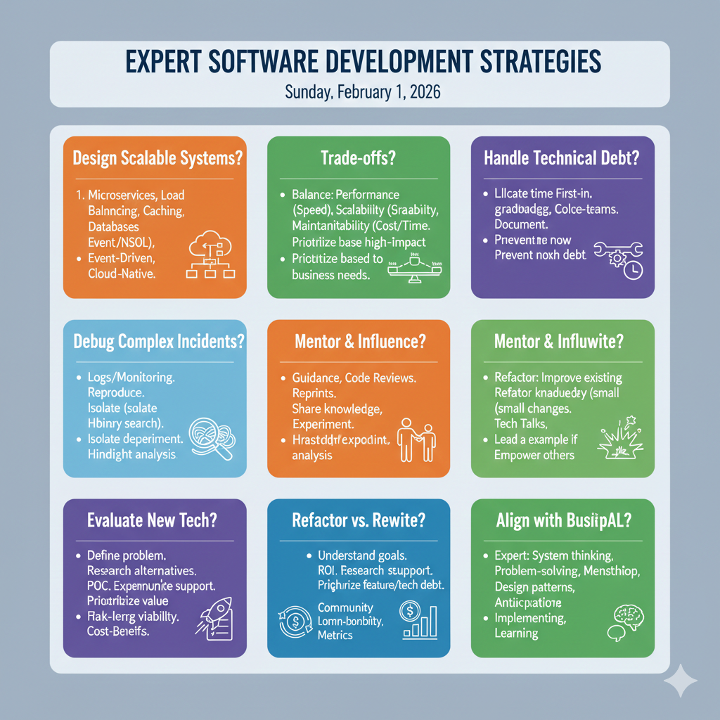 Infographic titled “Expert Software Development Strategies” with panels on scalable design, trade-offs, technical debt, incident debugging, mentoring, refactoring, evaluating technology, rewrite decisions, and aligning with business goals.