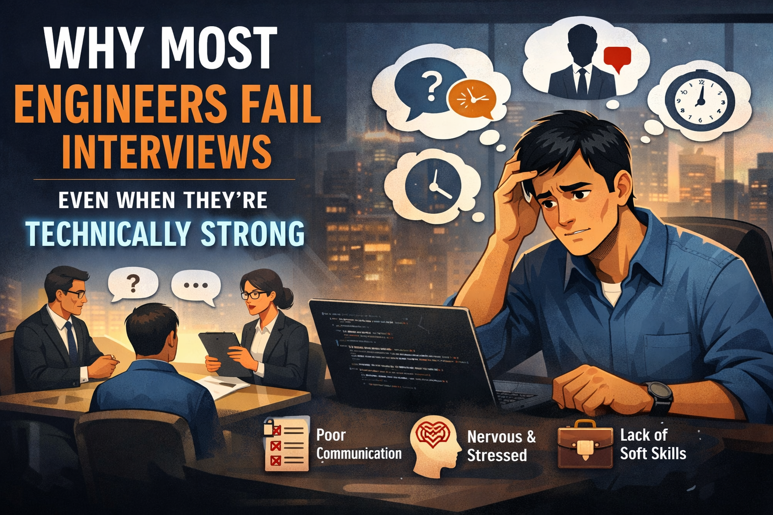 Illustration about why engineers fail interviews, showing a stressed developer at a laptop and causes like poor communication, anxiety, and lack of soft skills.