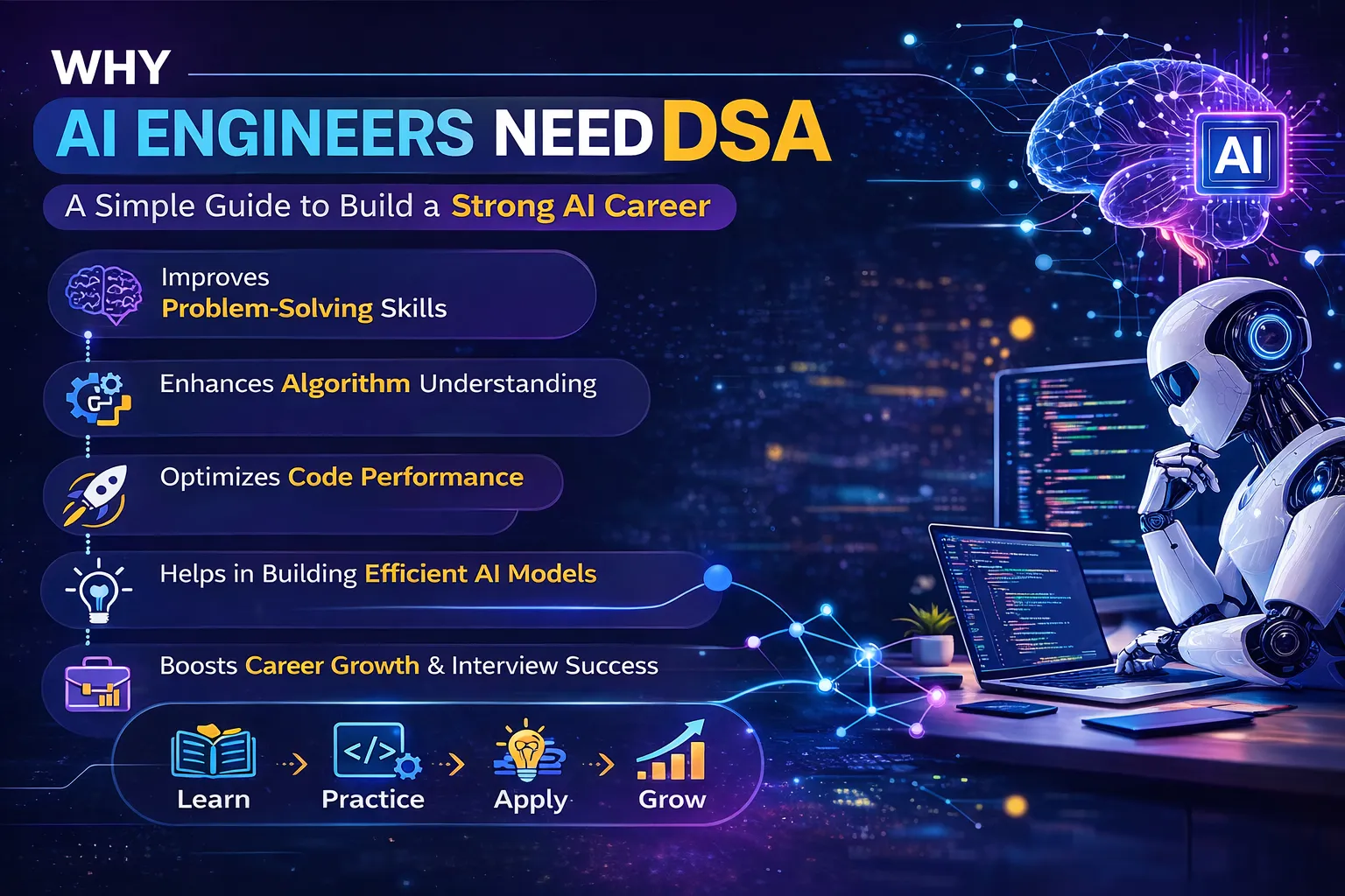 Infographic showing why AI engineers need data structures and algorithms, highlighting benefits like improved problem-solving, better algorithm understanding, optimized code performance, efficient AI models, and stronger career growth.