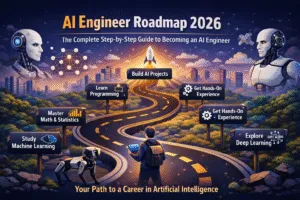 Infographic showing the AI engineer roadmap for 2026 with steps including learning programming, mastering math and statistics, studying machine learning, exploring deep learning, building AI projects, and gaining hands-on experience.