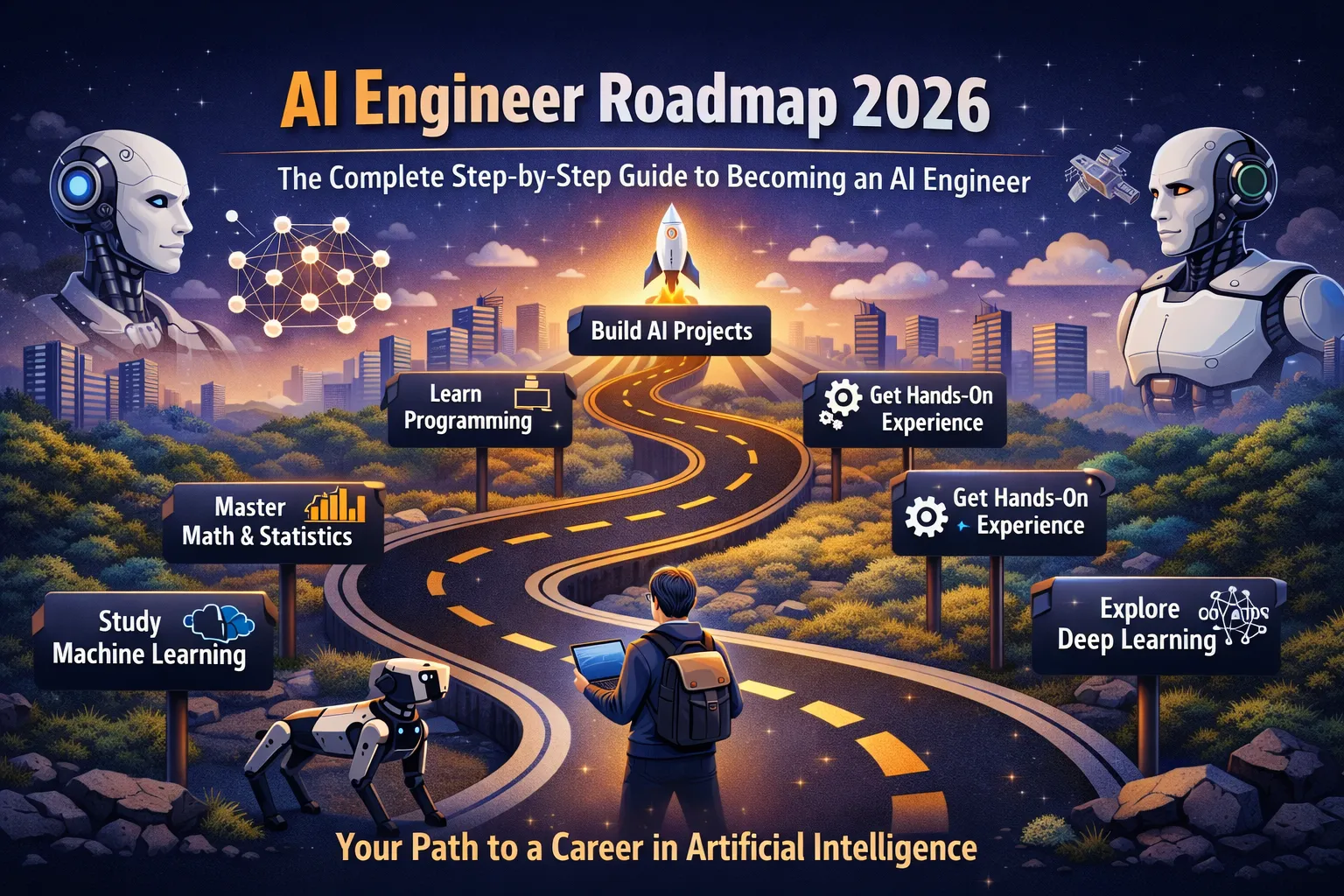 Infographic showing the AI engineer roadmap for 2026 with steps including learning programming, mastering math and statistics, studying machine learning, exploring deep learning, building AI projects, and gaining hands-on experience.