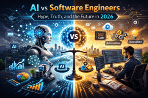 Split illustration showing a humanoid AI with data visualizations on the left and a software engineer coding on multiple monitors on the right, with a balance scale in the center comparing AI and human-driven development.