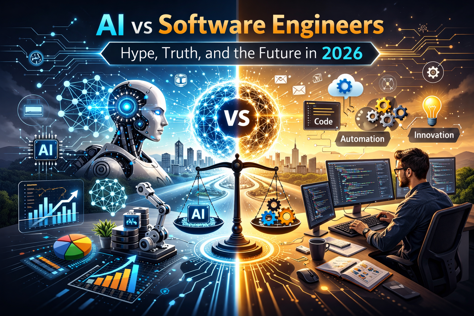 Split illustration showing a humanoid AI with data visualizations on the left and a software engineer coding on multiple monitors on the right, with a balance scale in the center comparing AI and human-driven development.
