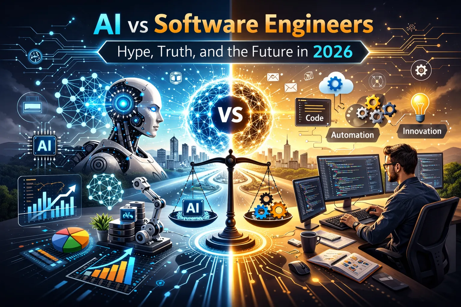 Split illustration showing a humanoid AI with data visualizations on the left and a software engineer coding on multiple monitors on the right, with a balance scale in the center comparing AI and human-driven development.