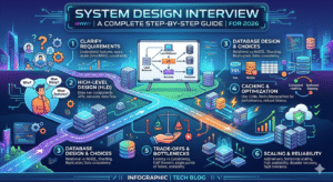 System design interview guide infographic showing steps: clarify requirements, high-level design, database choices, caching optimization, trade-offs, and scaling for reliability.