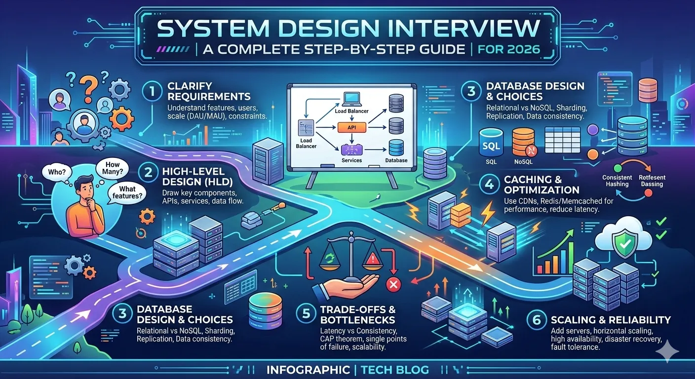 System design interview guide infographic showing steps: clarify requirements, high-level design, database choices, caching optimization, trade-offs, and scaling for reliability.