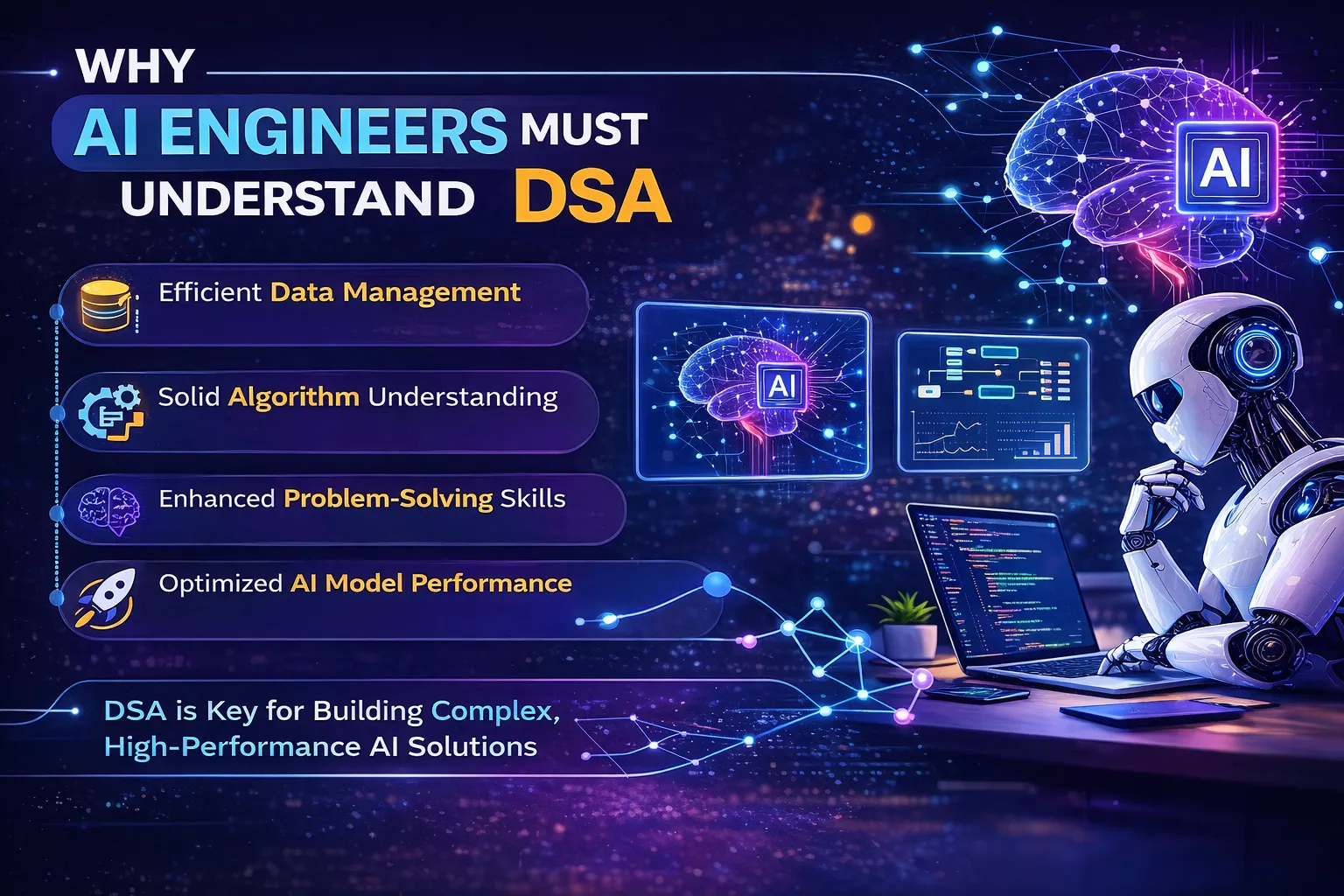 Infographic explaining why AI engineers must understand data structures and algorithms, highlighting benefits like efficient data management, stronger algorithm knowledge, improved problem-solving skills, and optimized AI model performance.
