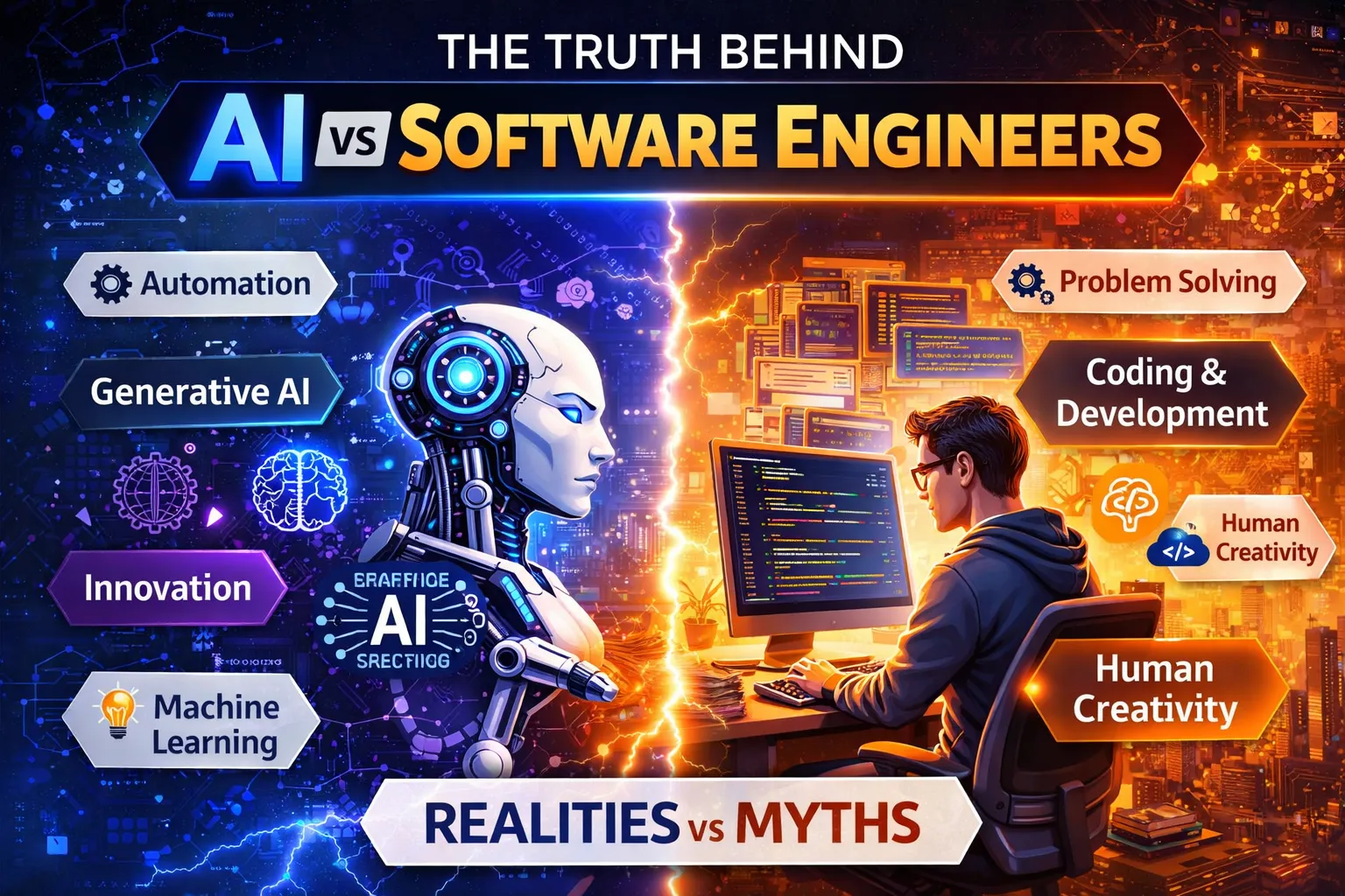Split image of a humanoid AI on the left and a human software engineer coding on the right, divided by a lightning line.