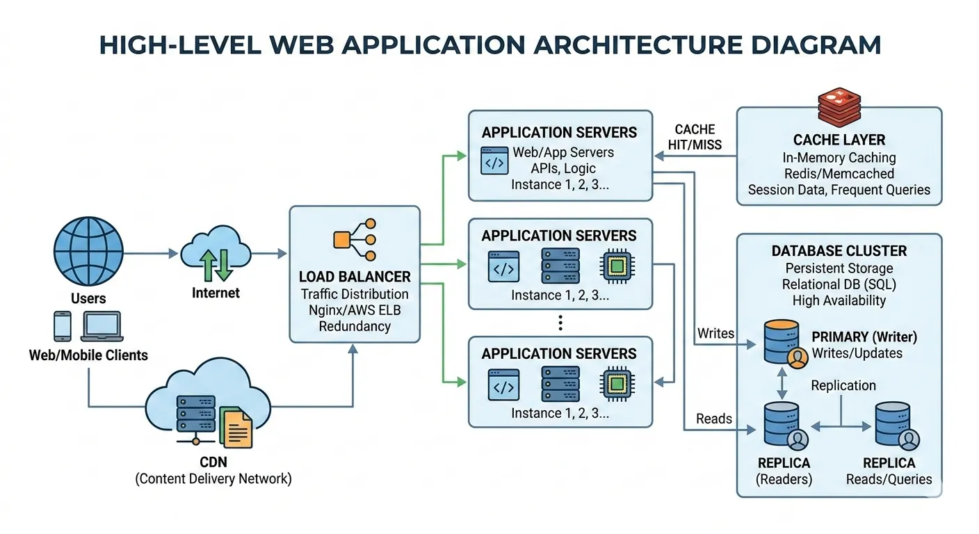 High-level web application architecture diagram showing users accessing a system through the internet, CDN, load balancer, application servers, cache layer, and a database cluster with primary and replica nodes.