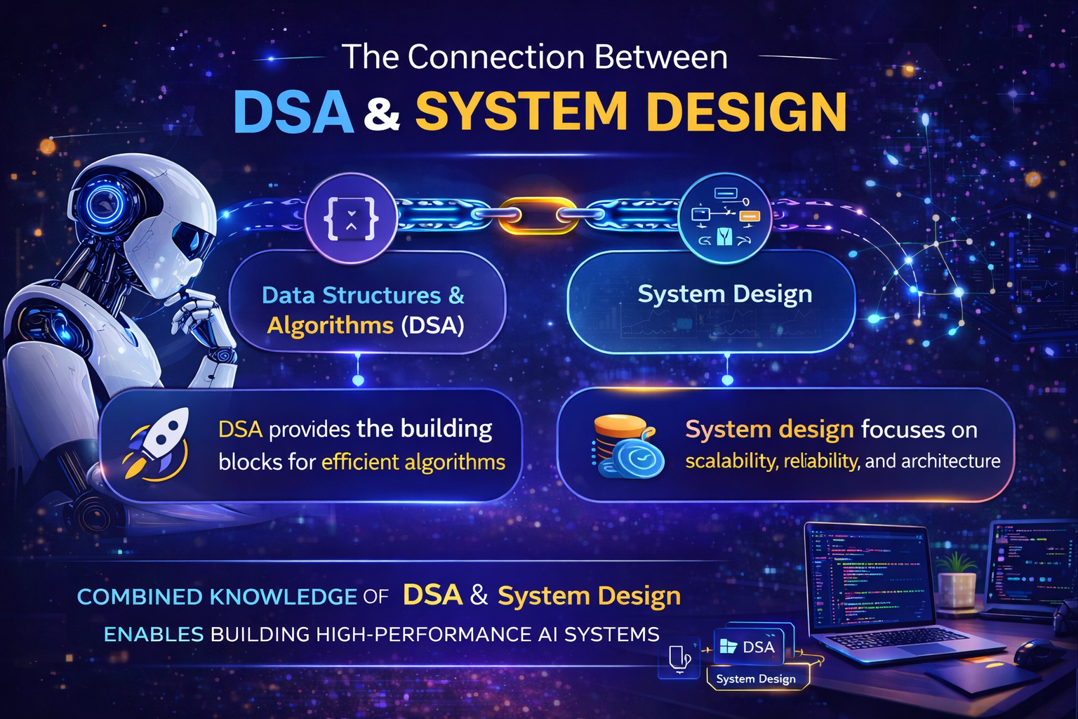 Infographic explaining the connection between data structures and algorithms (DSA) and system design, showing how DSA builds efficient algorithms while system design focuses on scalability, reliability, and architecture for high-performance AI systems.