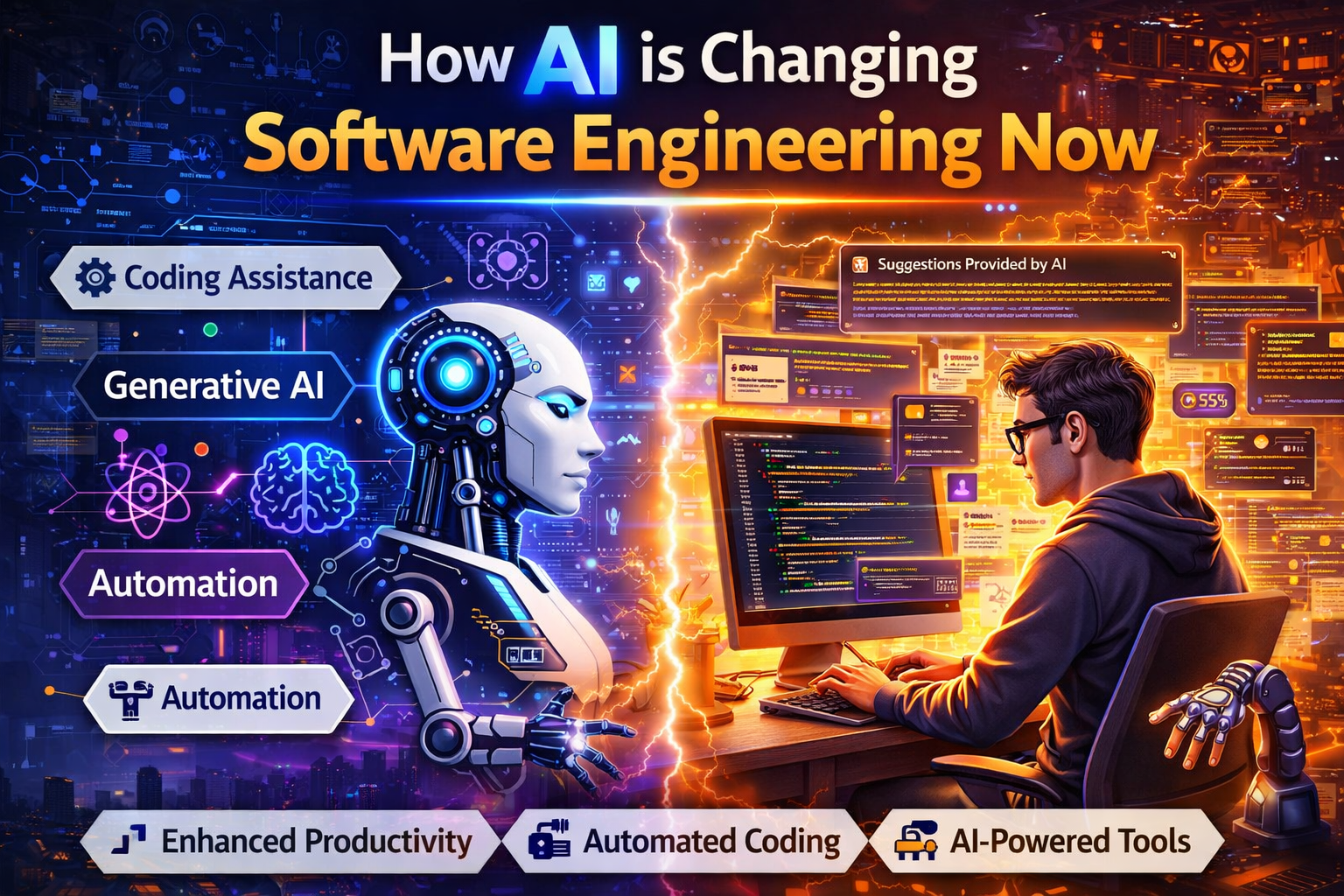 Split image showing AI and a human software engineer facing each other, highlighting coding assistance, automation, and AI-powered tools transforming software development.