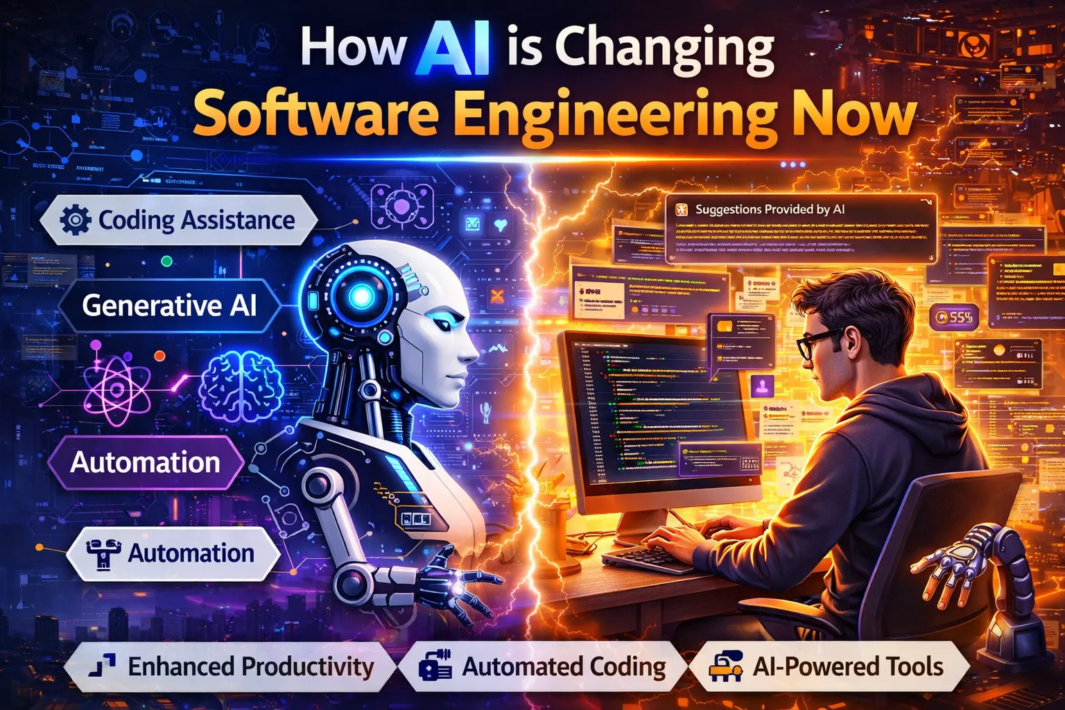 Split image showing AI and a human software engineer facing each other, highlighting coding assistance, automation, and AI-powered tools transforming software development.